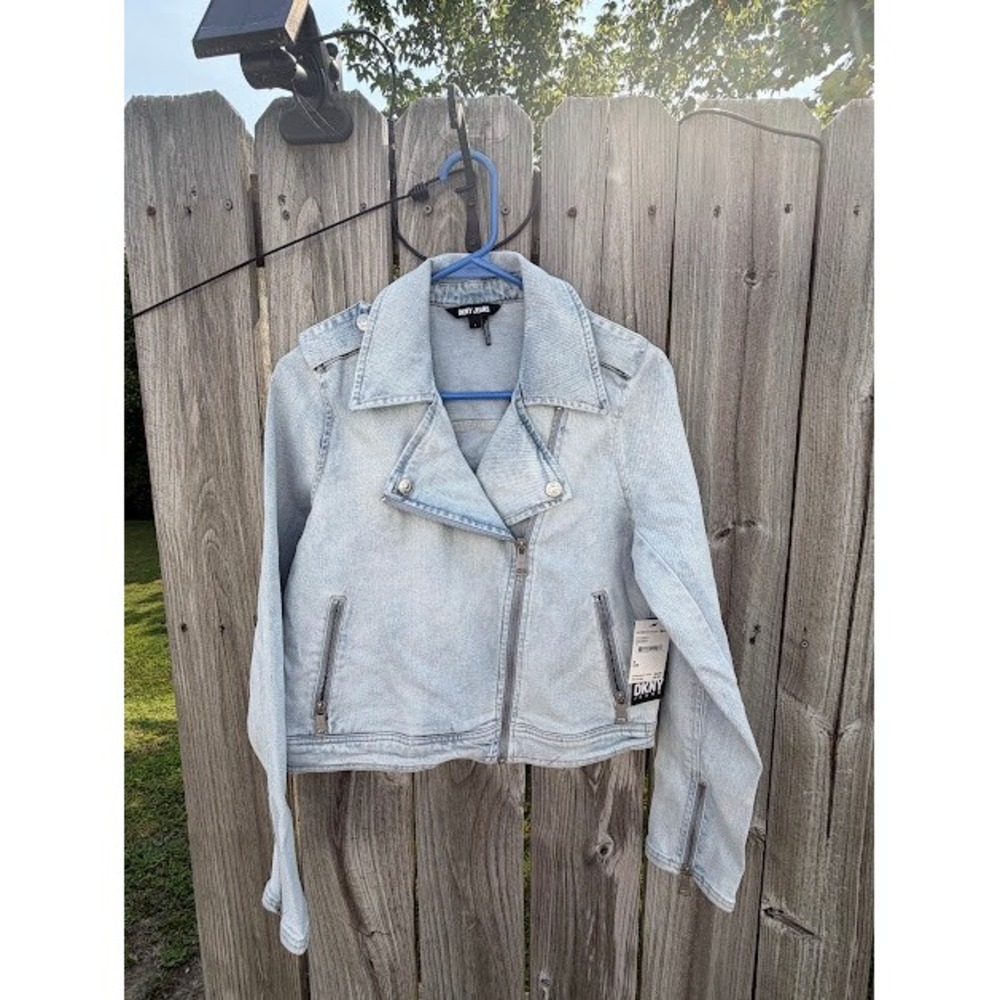 Moto Biker Acid Wash DKNY Jeans Denim Jacket S Light Blue Cropped Zip Up